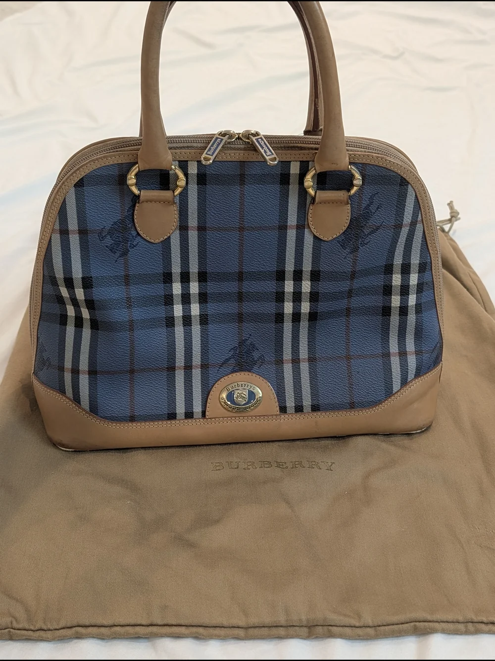 Vintage Burberrys Of London Blue Nova Check Bowling Satchel with Tan Leather